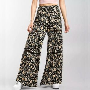 Angie Black and Cream Floral Wide-Leg Pants